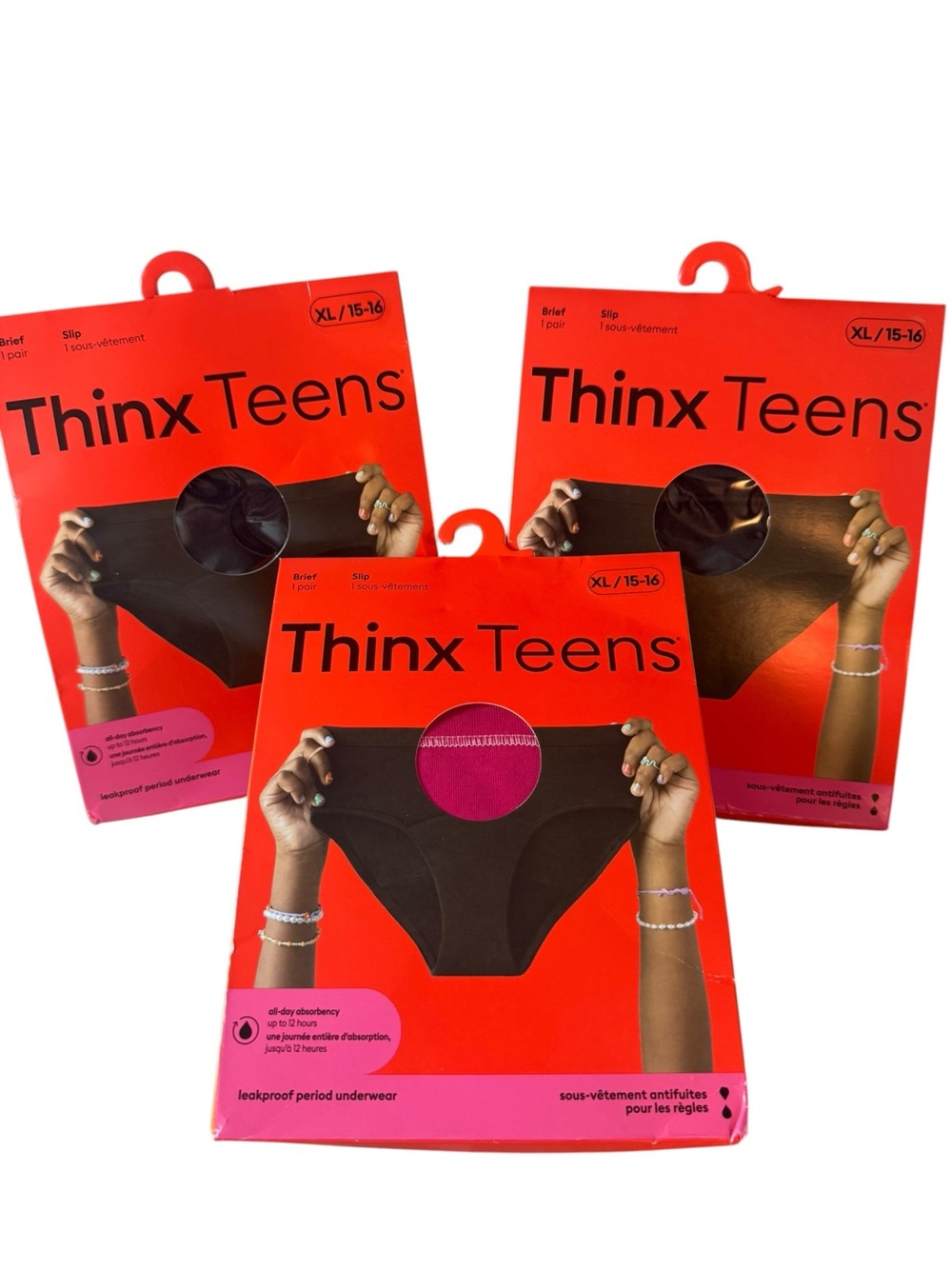 NWT Thinx Teens 3 Pack Leakproof Period XL 15-16 Underwear - 2 Black & 1 Pink